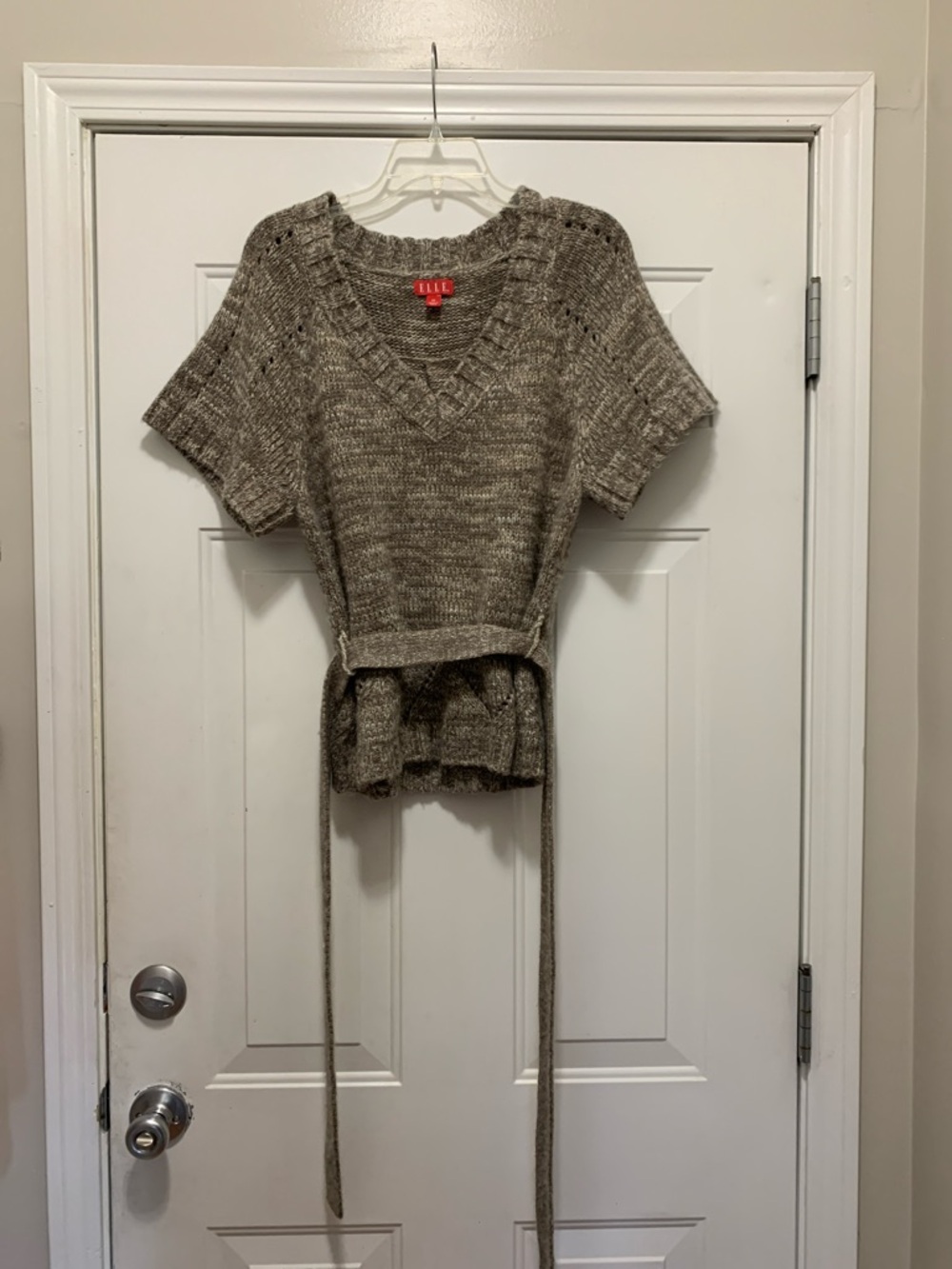 3/$15 ELLE Knit V-Neck Short Sleeve Sweater with Tie Belt - Taupe
